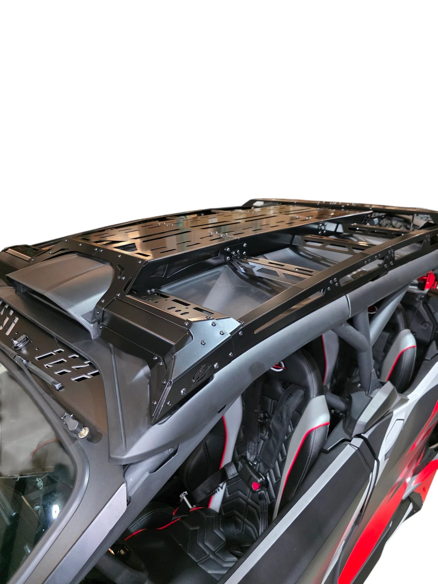 Close-up of a vehicle's roof rack system on a white background