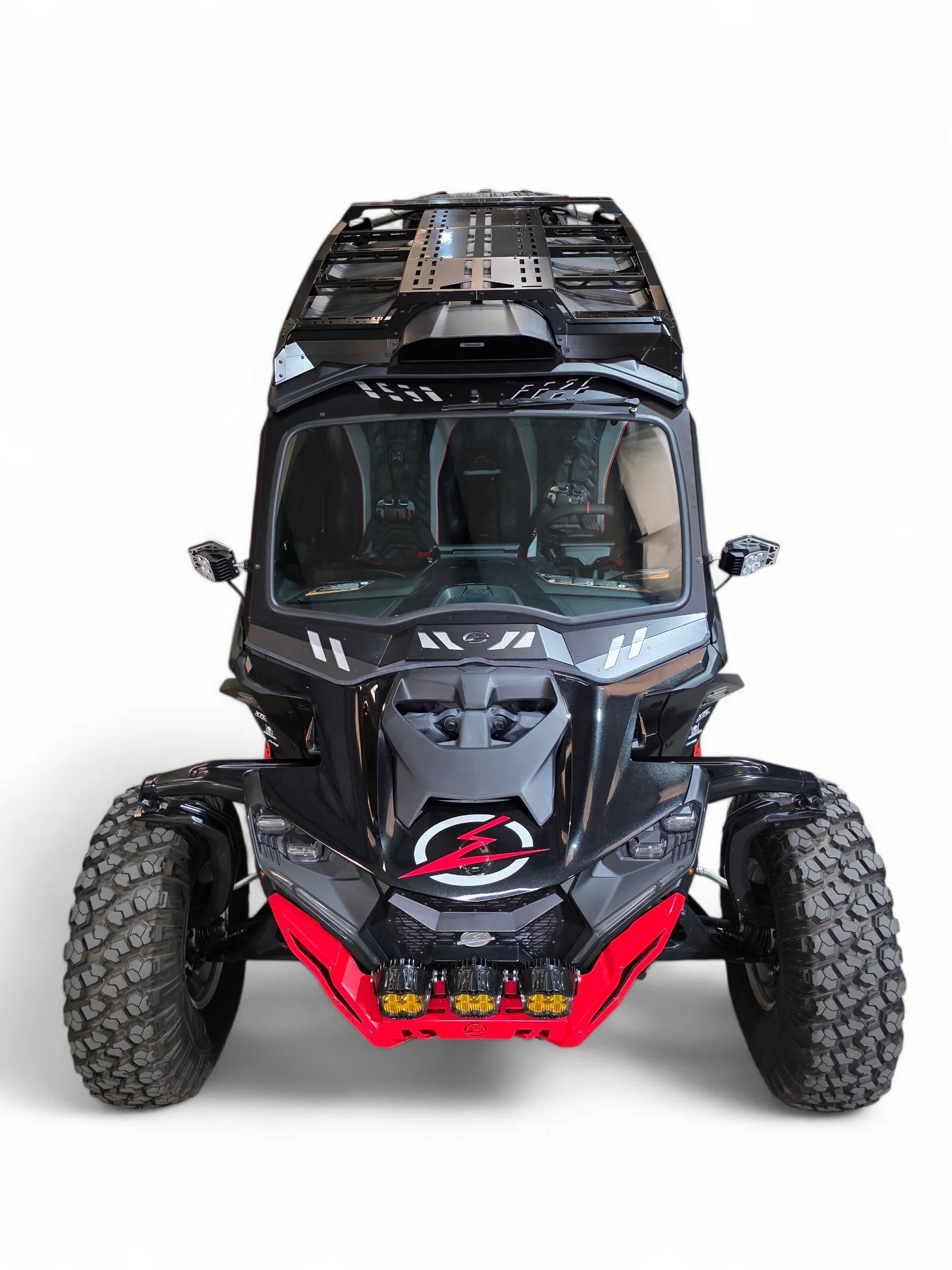 Black and red off-road vehicle on a white background