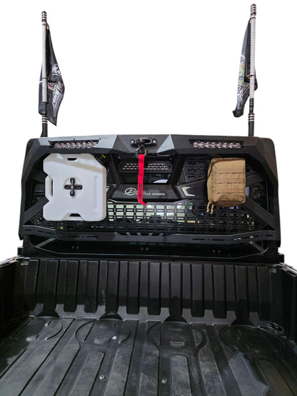 Truck bed with storage compartments, lights, and equipment on a white background