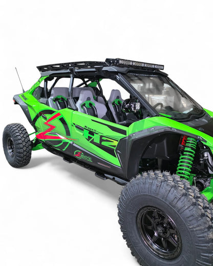Side profile picture of Green UTV on white background