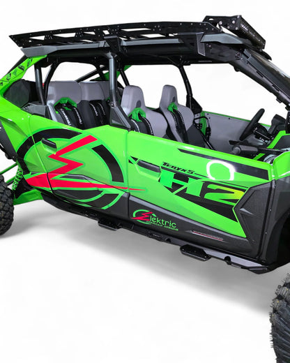 Side picture of green UTV on white background