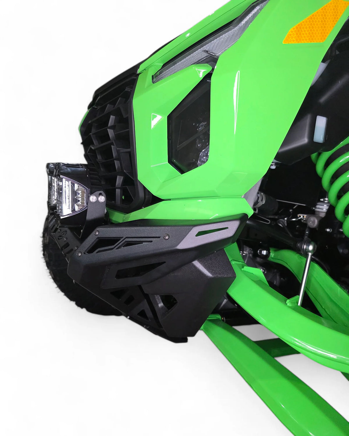 side view mounted on Green UTV with white background