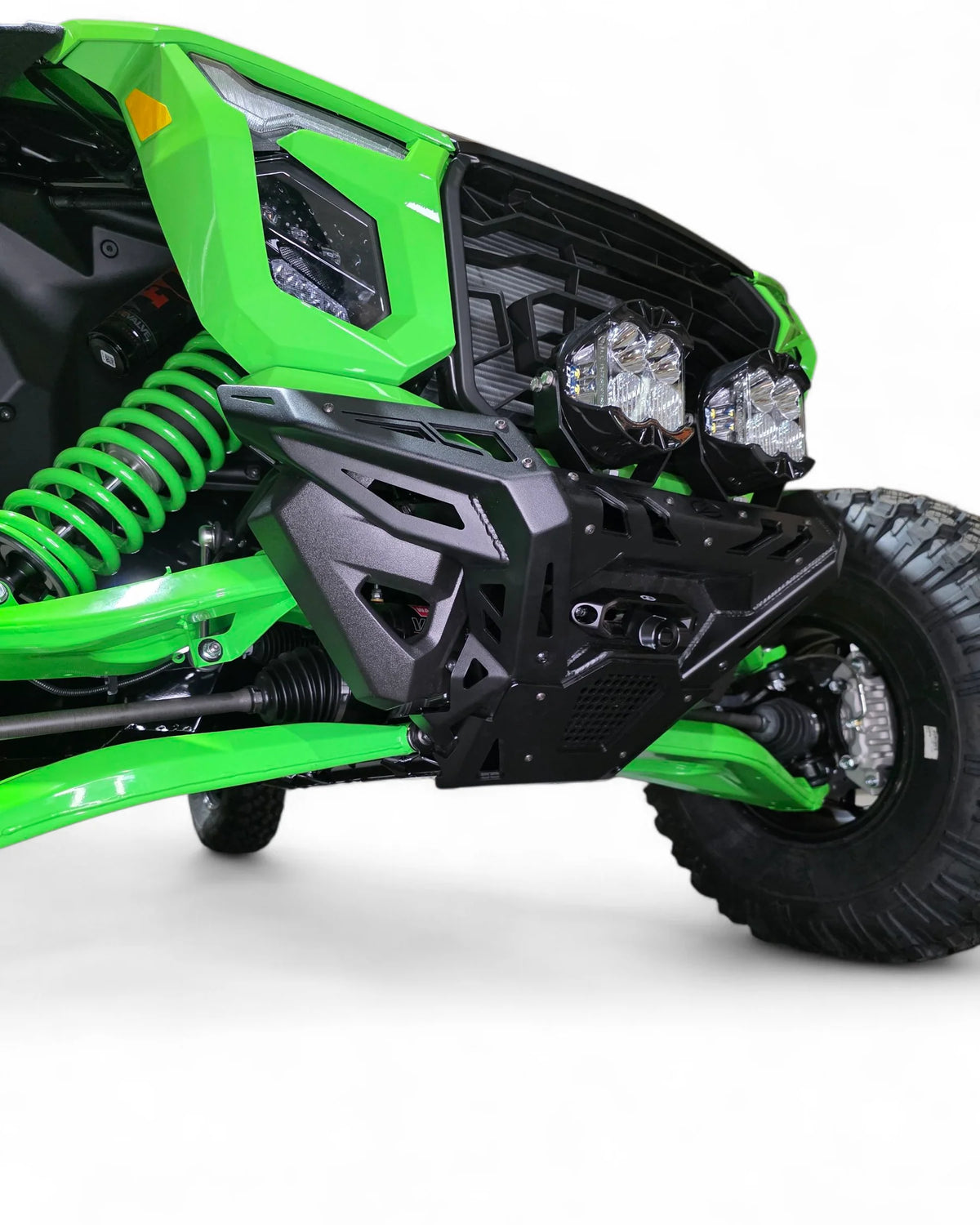 close side view of bumper mounted on UTV on white background