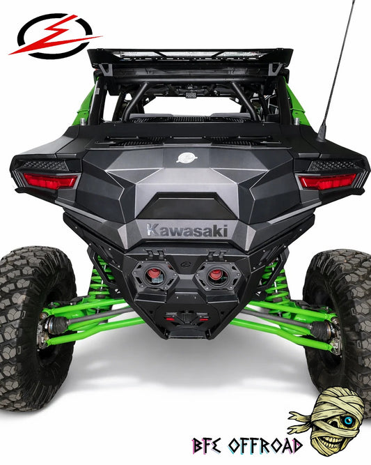 Rear view of UTV on white background with Elektric and BFE Offroad Logos