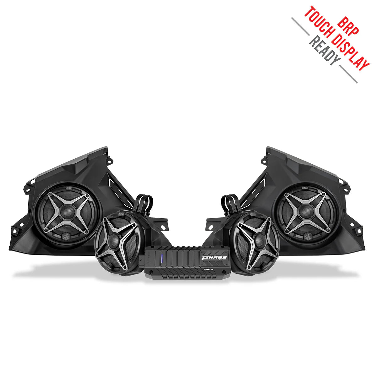 Car audio system with speakers and amplifier on a white background, featuring BRP branding.