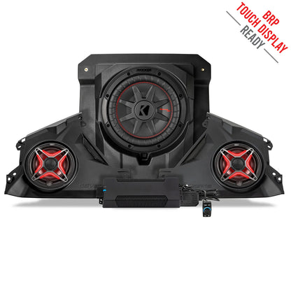 Car audio system with subwoofer and speakers on a white background