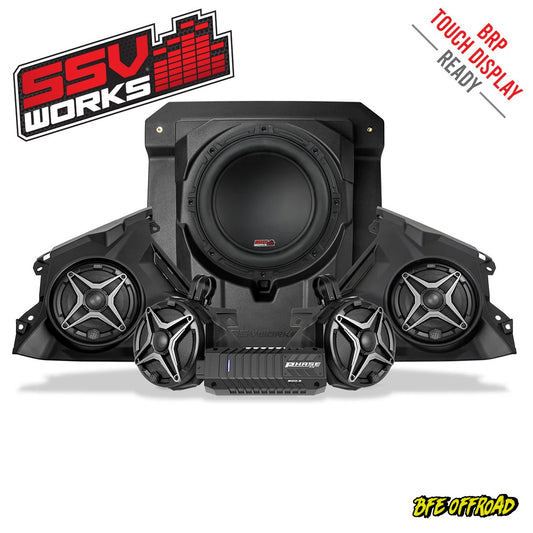 Car audio system with subwoofer and speakers on a white background, featuring SSV Works branding.