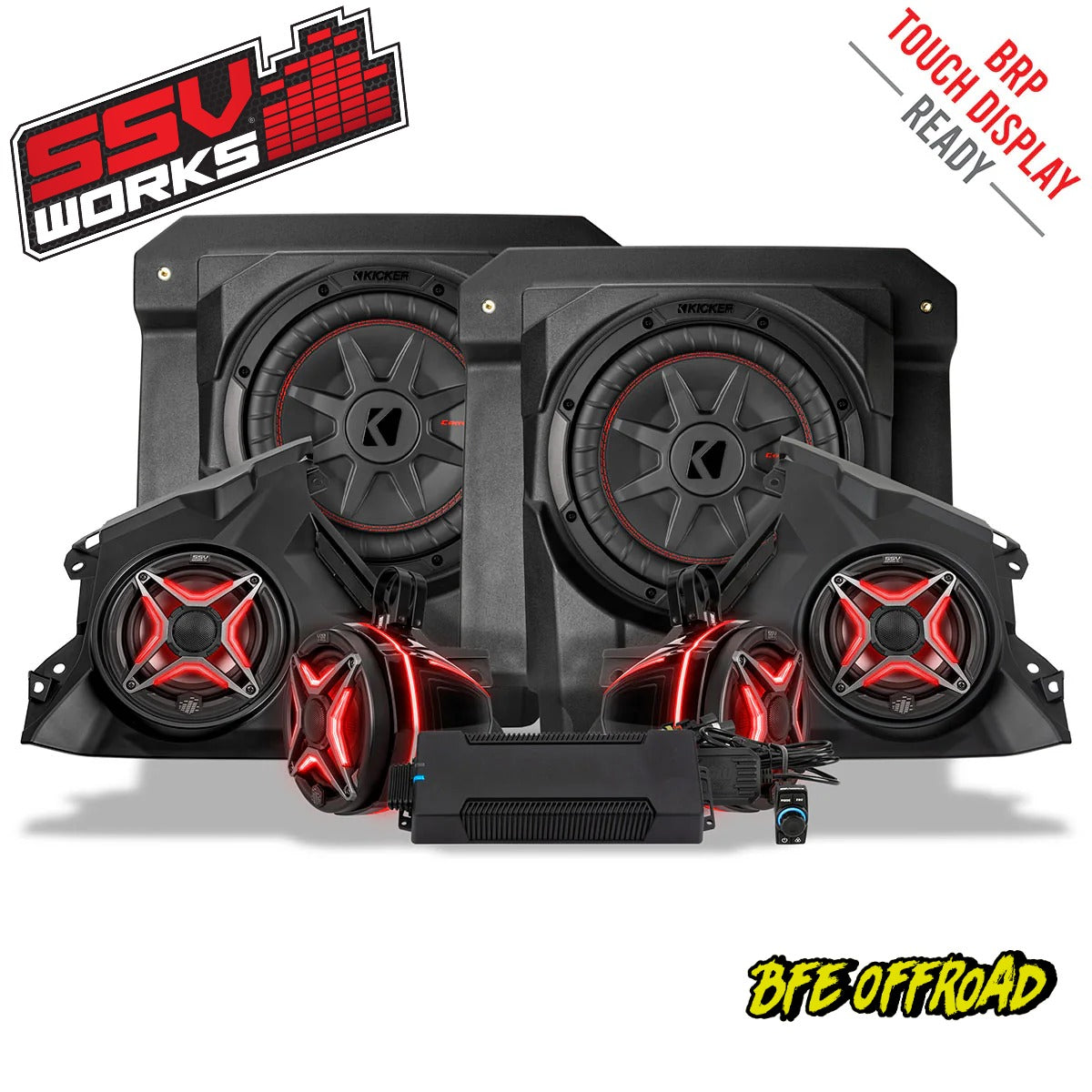 Car audio system with speakers and subwoofers on a white background, featuring SSV Works branding.