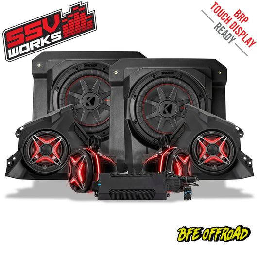 Car audio system with speakers and subwoofers on a white background, featuring SSV Works branding.