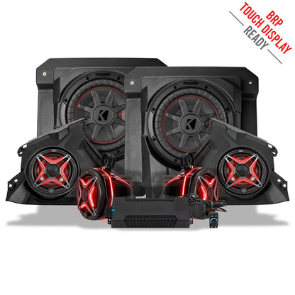 Set of car speakers with red accents on a white background