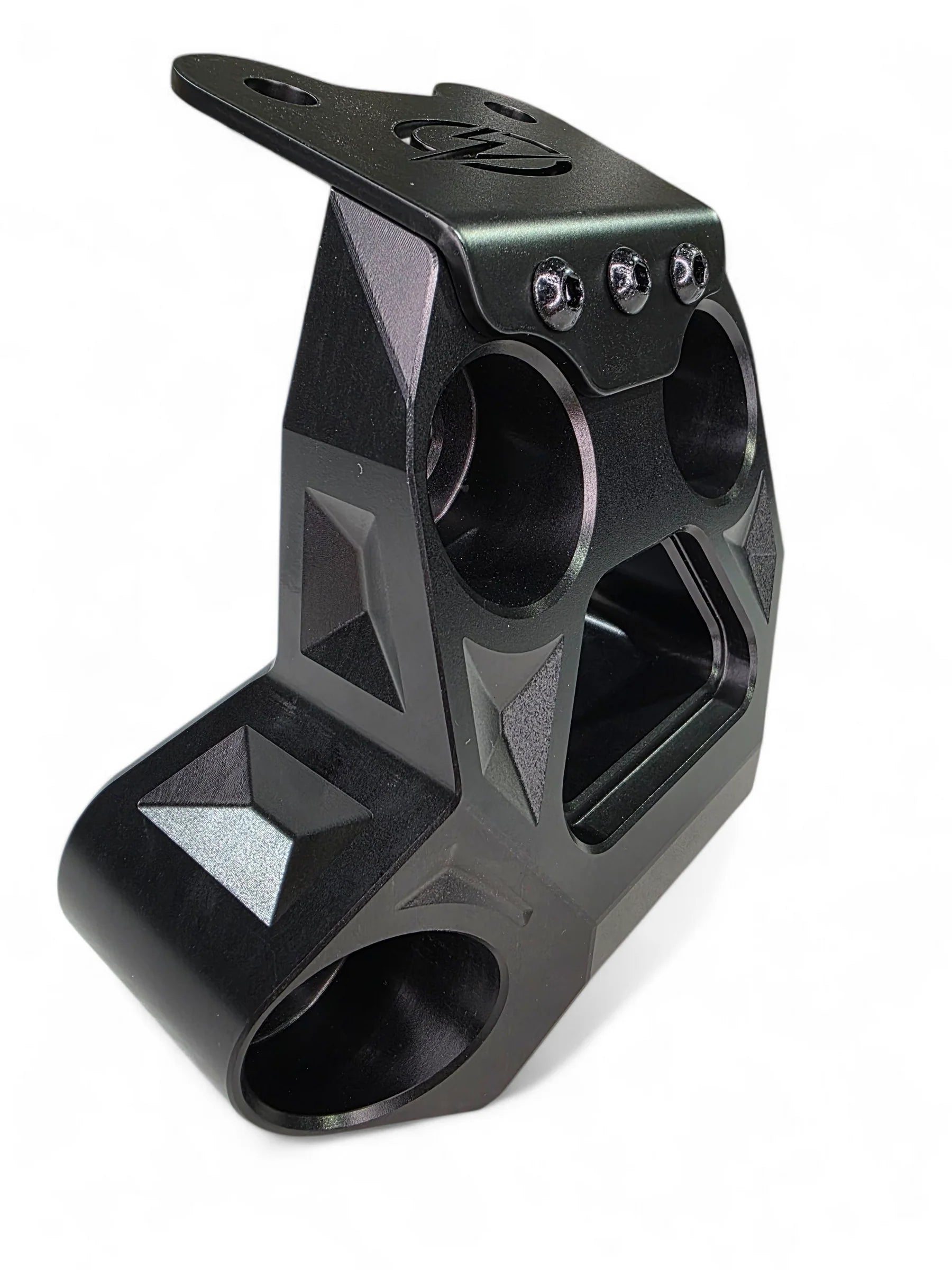 Black metal bracket with geometric design on a white background