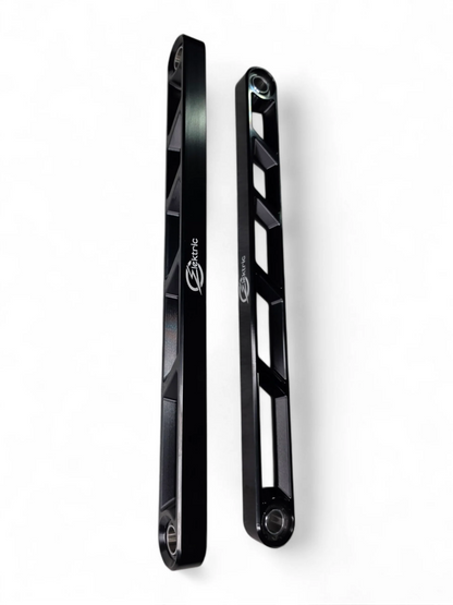Two black metal brackets on a white background