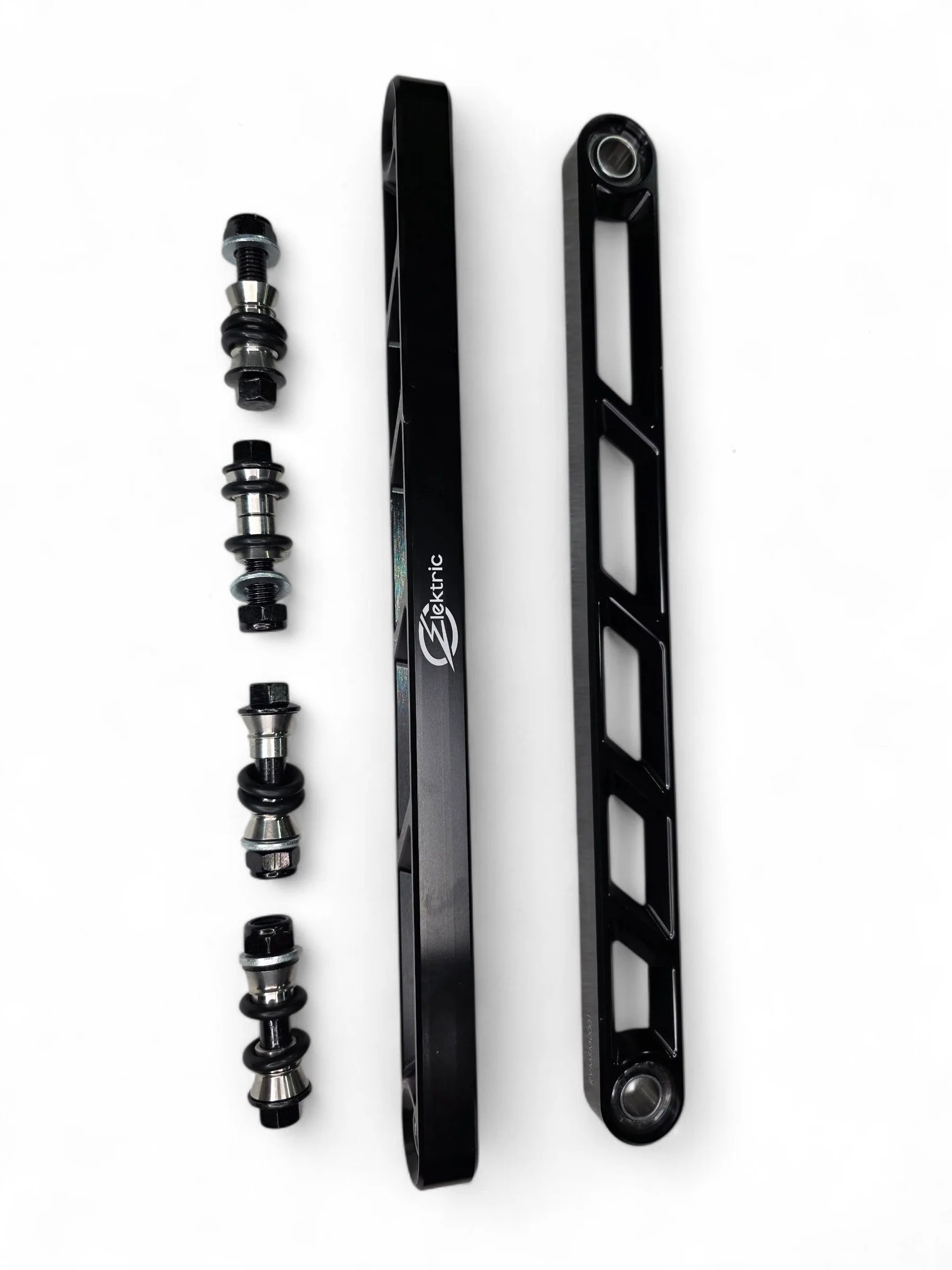 Black bicycle crankset with components on a white background