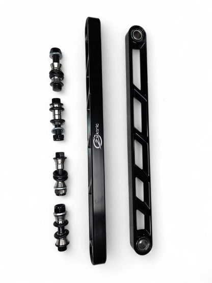 Black bicycle crankset with components on a white background