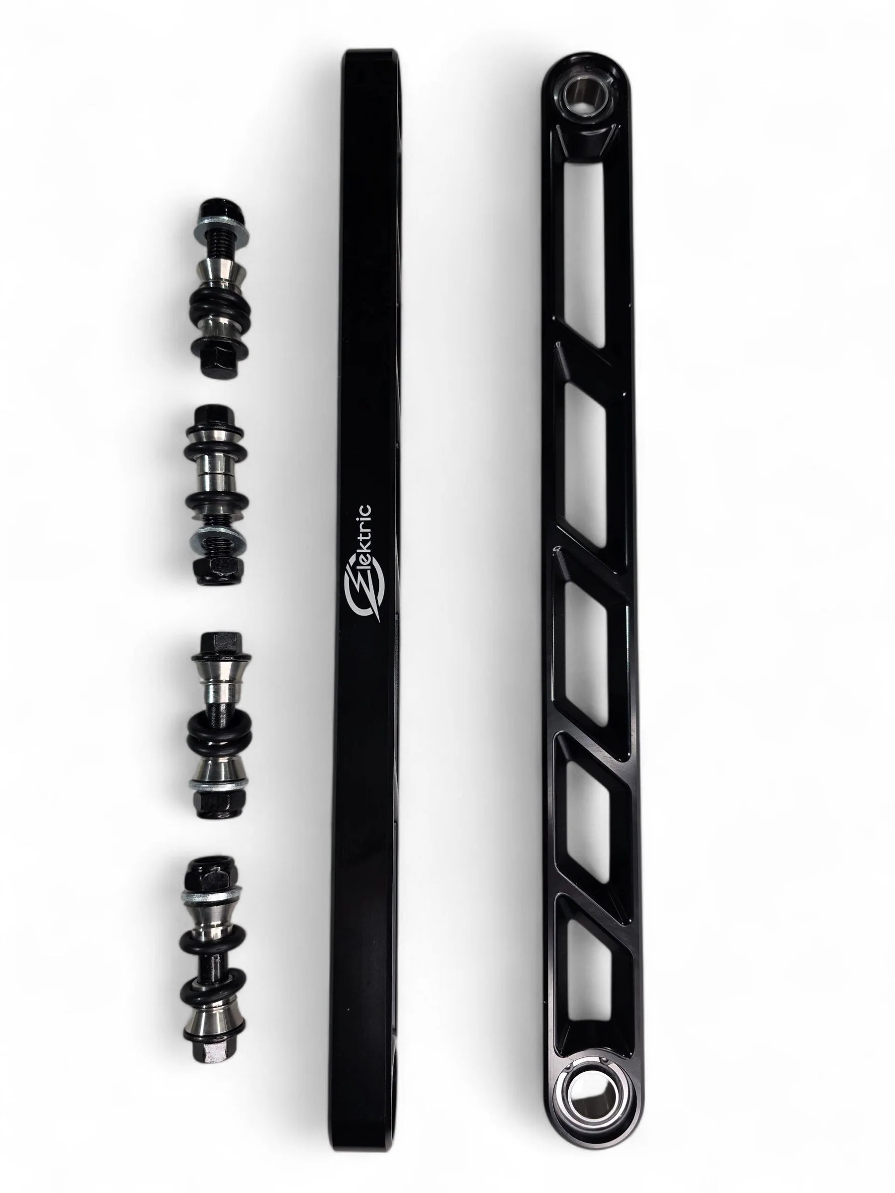 Black bicycle crankset with components on a white background