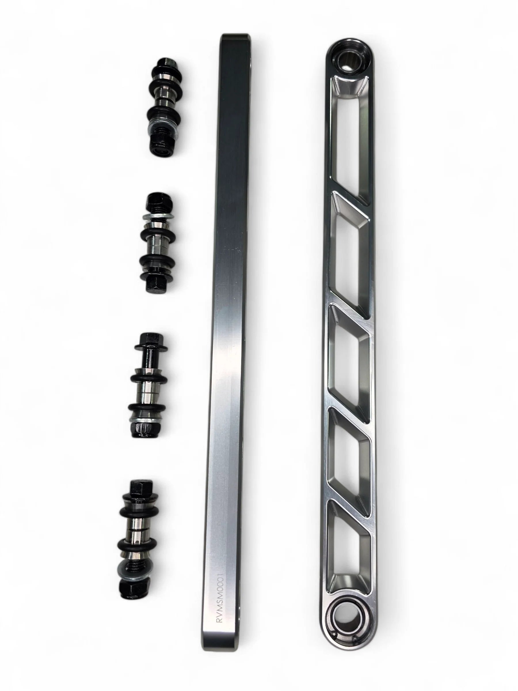 two elektric offroad rear sway bar links with hardware on white back ground