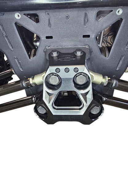 Close-up of a mechanical component with bolts on a white background