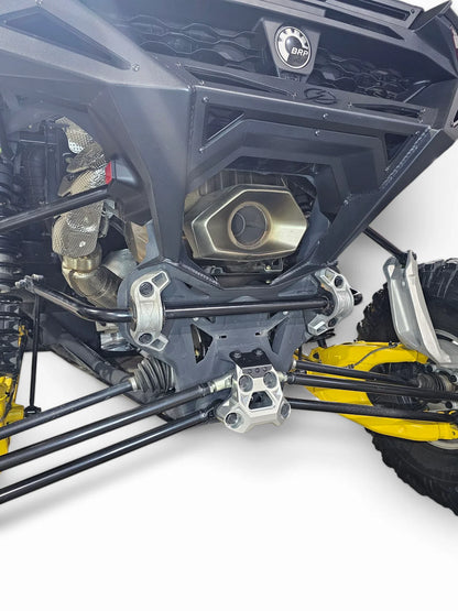 Close-up of a motorcycle's suspension system on a white background