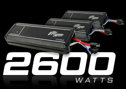 Three power amplifiers with 'Mega' branding and '2600 Watts' text on a black background.