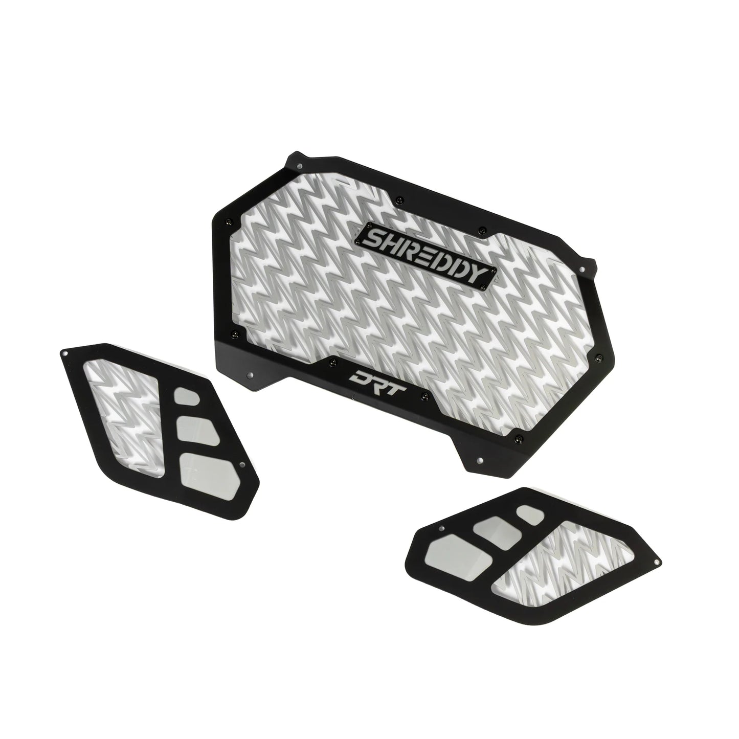 Three motorcycle guard panels with 'Shredderz' and 'DRT' branding on a white background