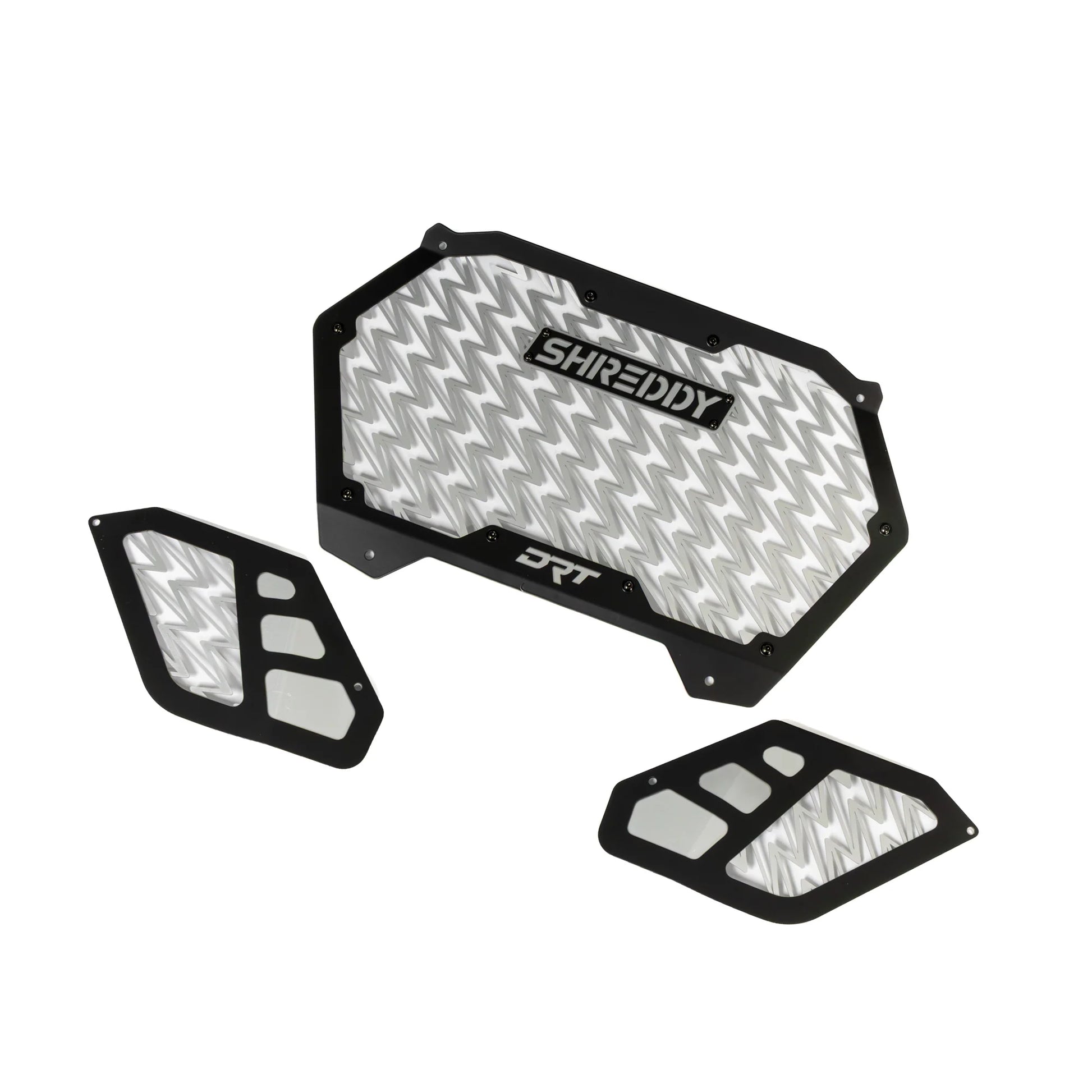 Three motorcycle guard panels with 'Shredderz' and 'DRT' branding on a white background