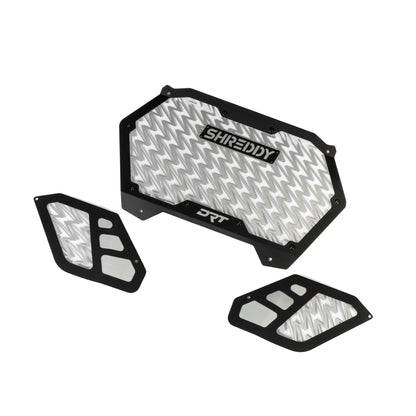 Three motorcycle guard panels with 'Shredderz' and 'DRT' branding on a white background