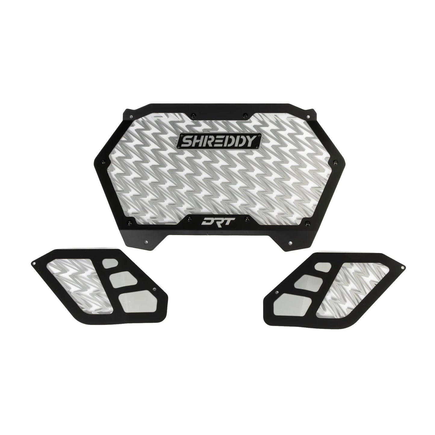 Set of Shreddy and DRT protective motorcycle panels on a white background