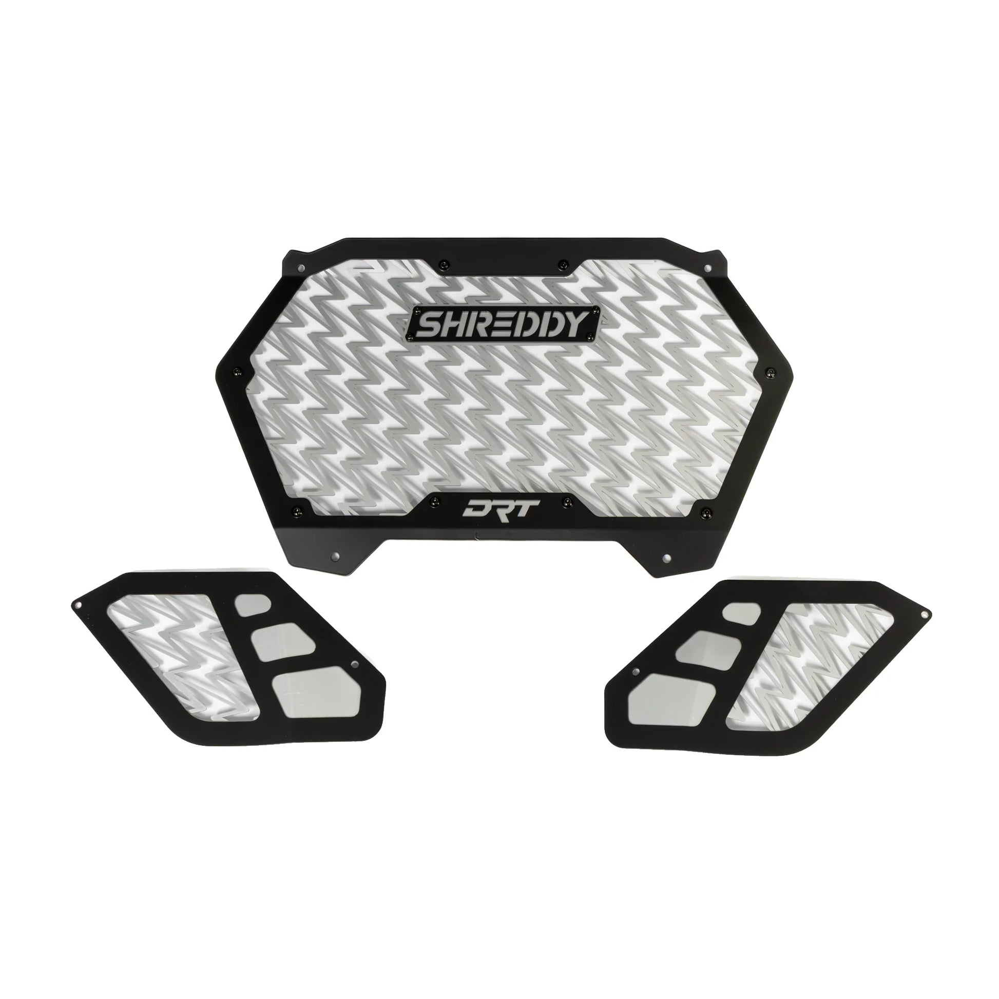 Set of Shreddy and DRT protective motorcycle panels on a white background