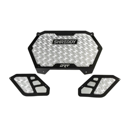 Set of Shreddy and DRT protective motorcycle panels on a white background