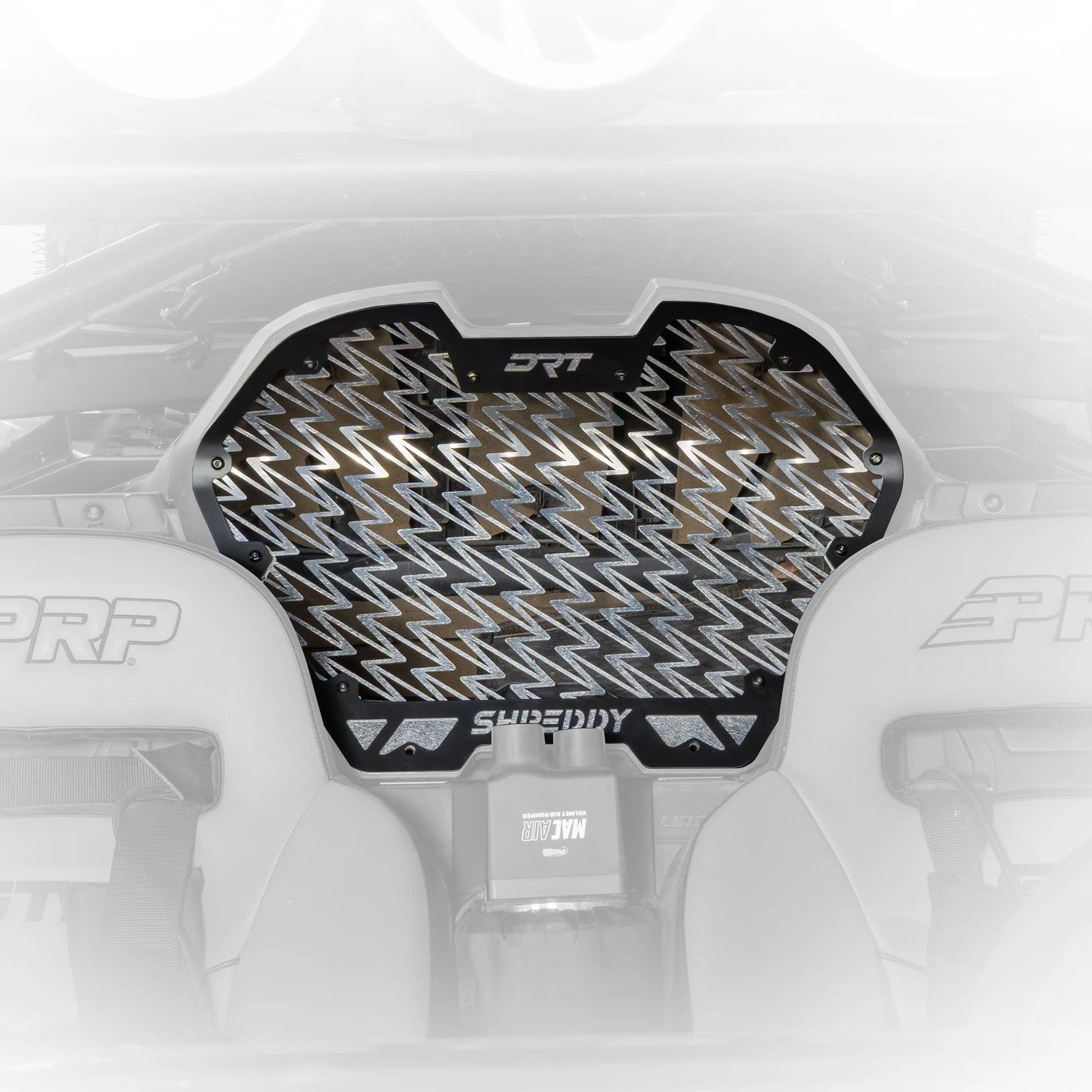 Tank pad with geometric pattern and branding on a motorcycle