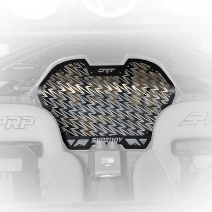 Tank pad with geometric pattern and branding on a motorcycle