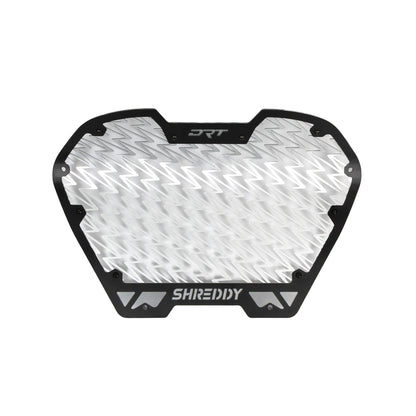 Motorcycle guard with 'Shreddy' branding on a white background