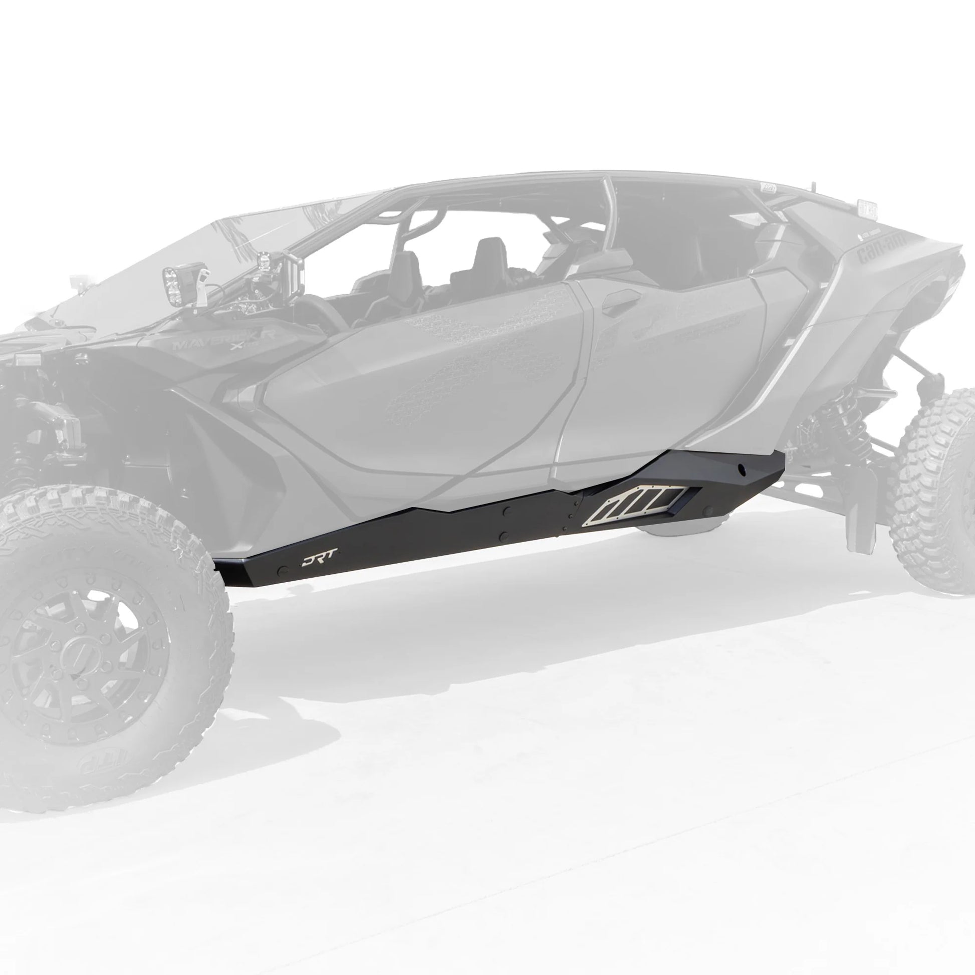 Side view of an off-road vehicle with a step bumper on a white background