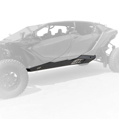 Side view of an off-road vehicle with a step bumper on a white background