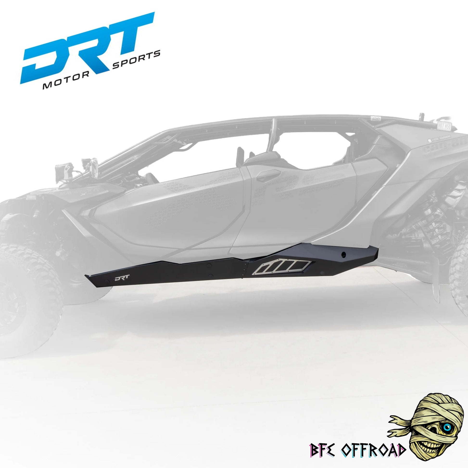 Black protective fender guard on a vehicle with DRT Motor Sports branding.