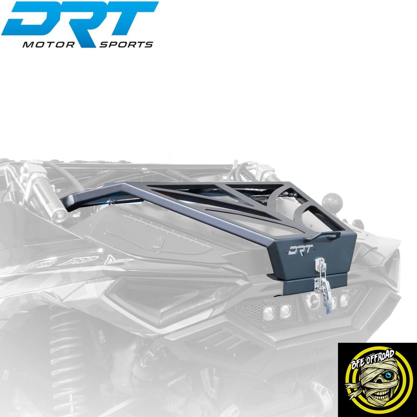 A DRT Motor Sports front bumper frame accessory mounted on a vehicle, shown over a faded vehicle background with the DRT logo in the top left and a BFE Offroad badge in the bottom right.
