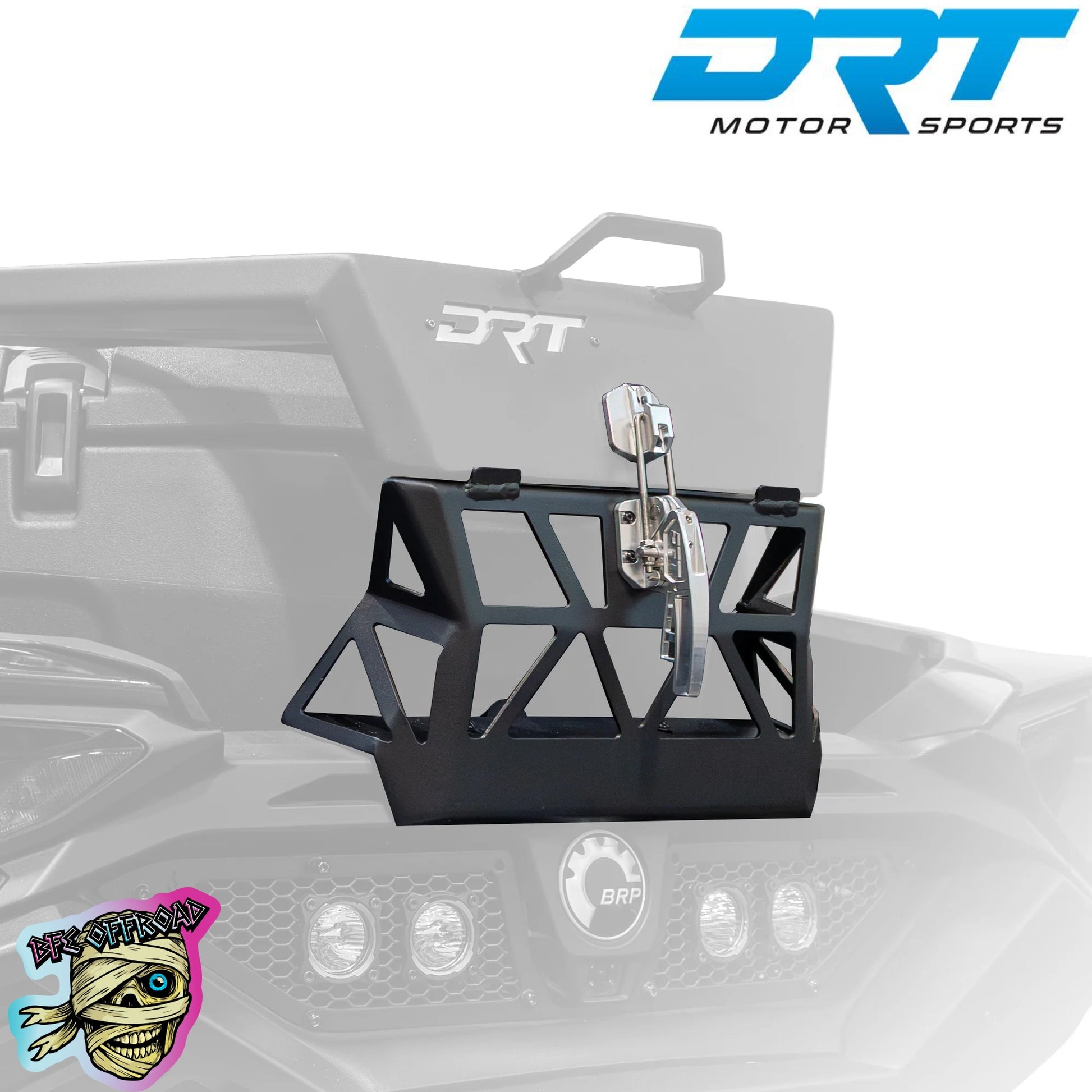 A black metal front bumper guard with a silver hitch receiver and mounting hardware, shown mounted on the front bumper of a vehicle. The image features a faded background of the vehicle and includes the 'DRT MOTOR SPORTS' logo in the top right and a cartoon mascot logo in the bottom left.