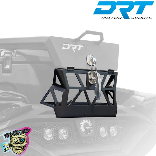 A black metal front bumper guard with a silver hitch receiver and mounting hardware, shown mounted on the front bumper of a vehicle. The image features a faded background of the vehicle and includes the 'DRT MOTOR SPORTS' logo in the top right and a cartoon mascot logo in the bottom left.