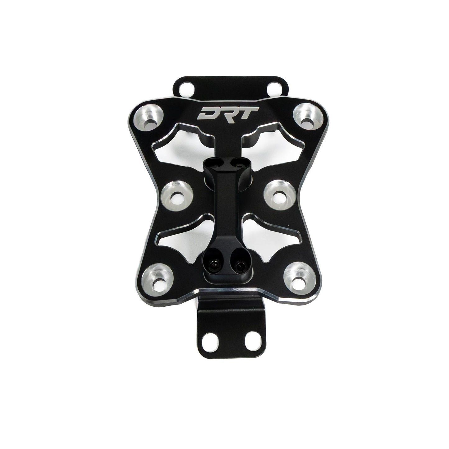 Black metal bracket with silver screws on a white background
