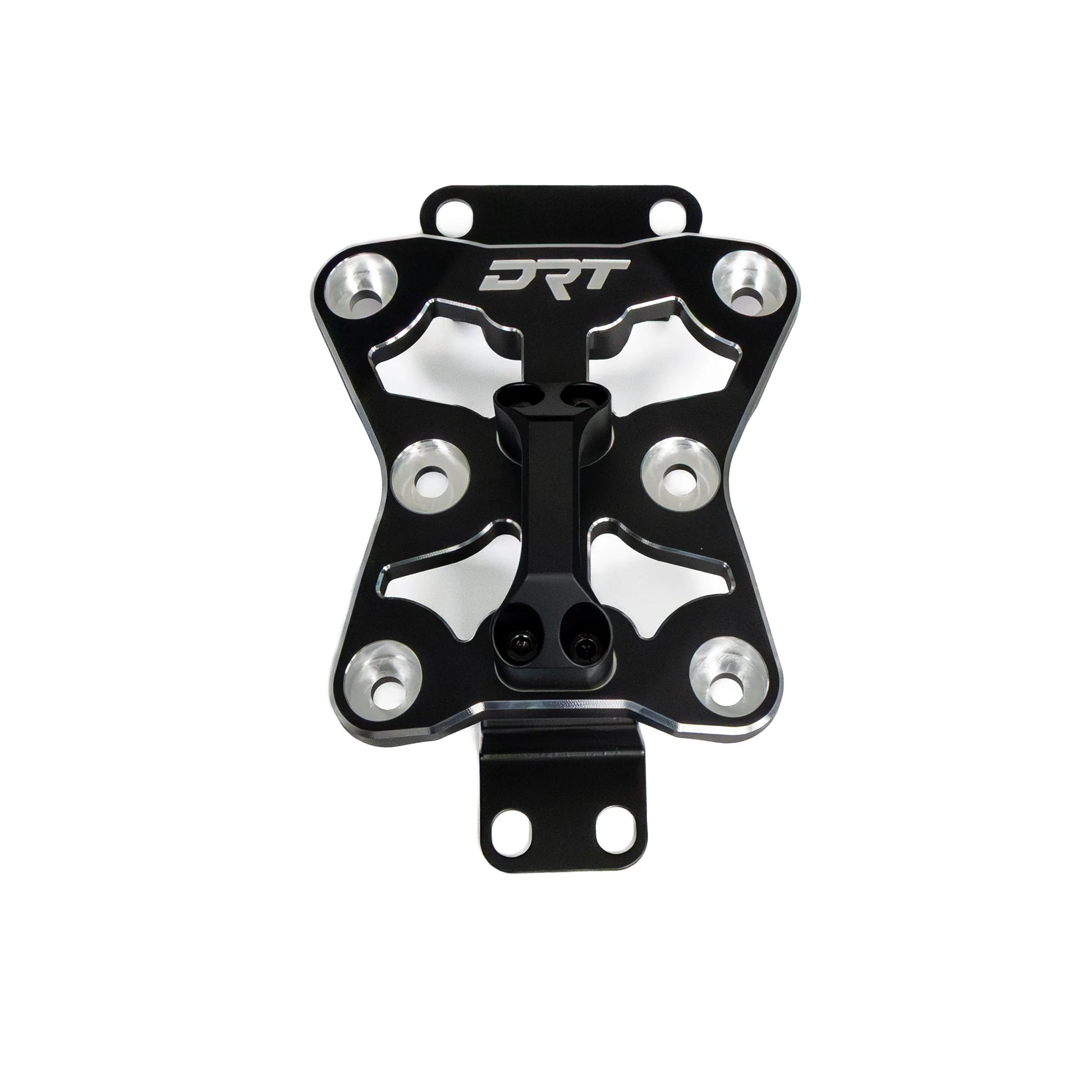 Black metal bracket with silver screws on a white background