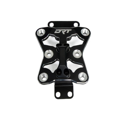 Black metal bracket with silver screws on a white background