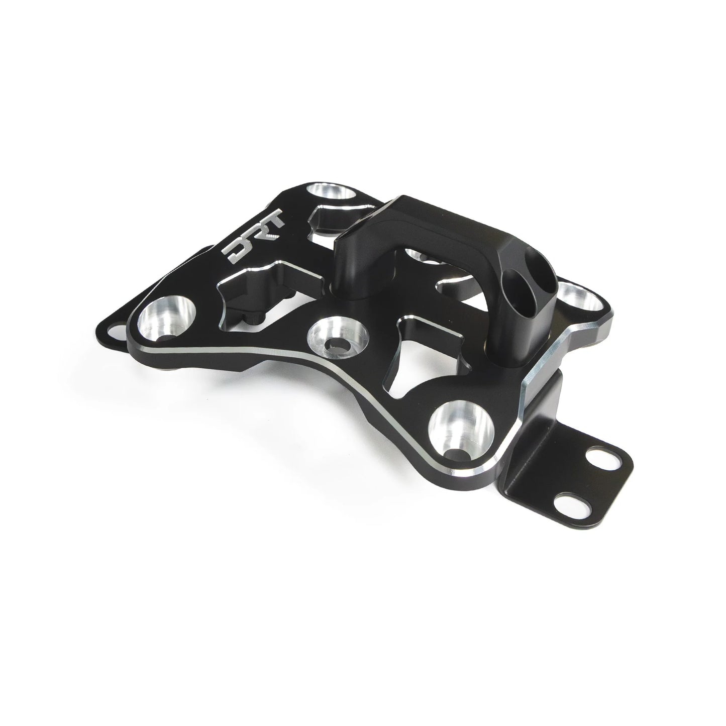 Black metal bracket with silver bolts on a white background