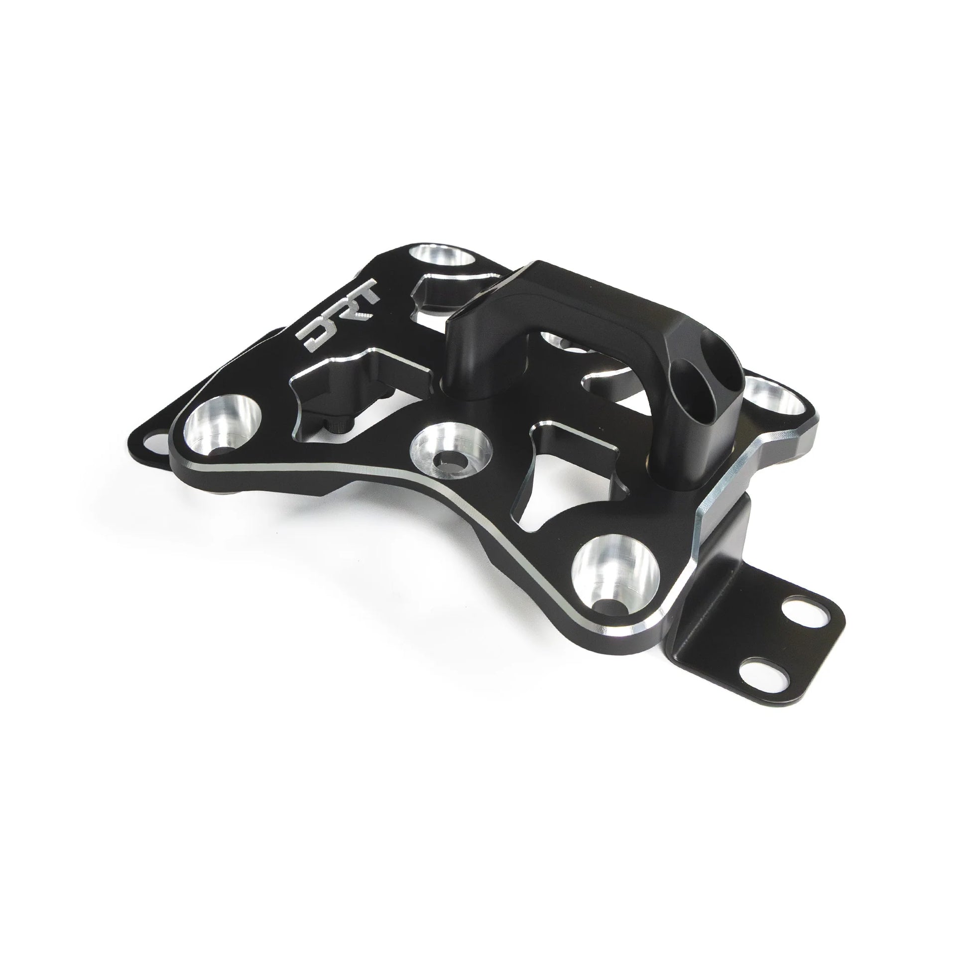 Black metal bracket with silver bolts on a white background