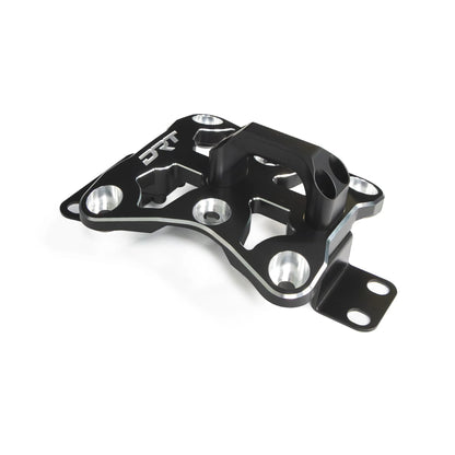 Black metal bracket with silver bolts on a white background