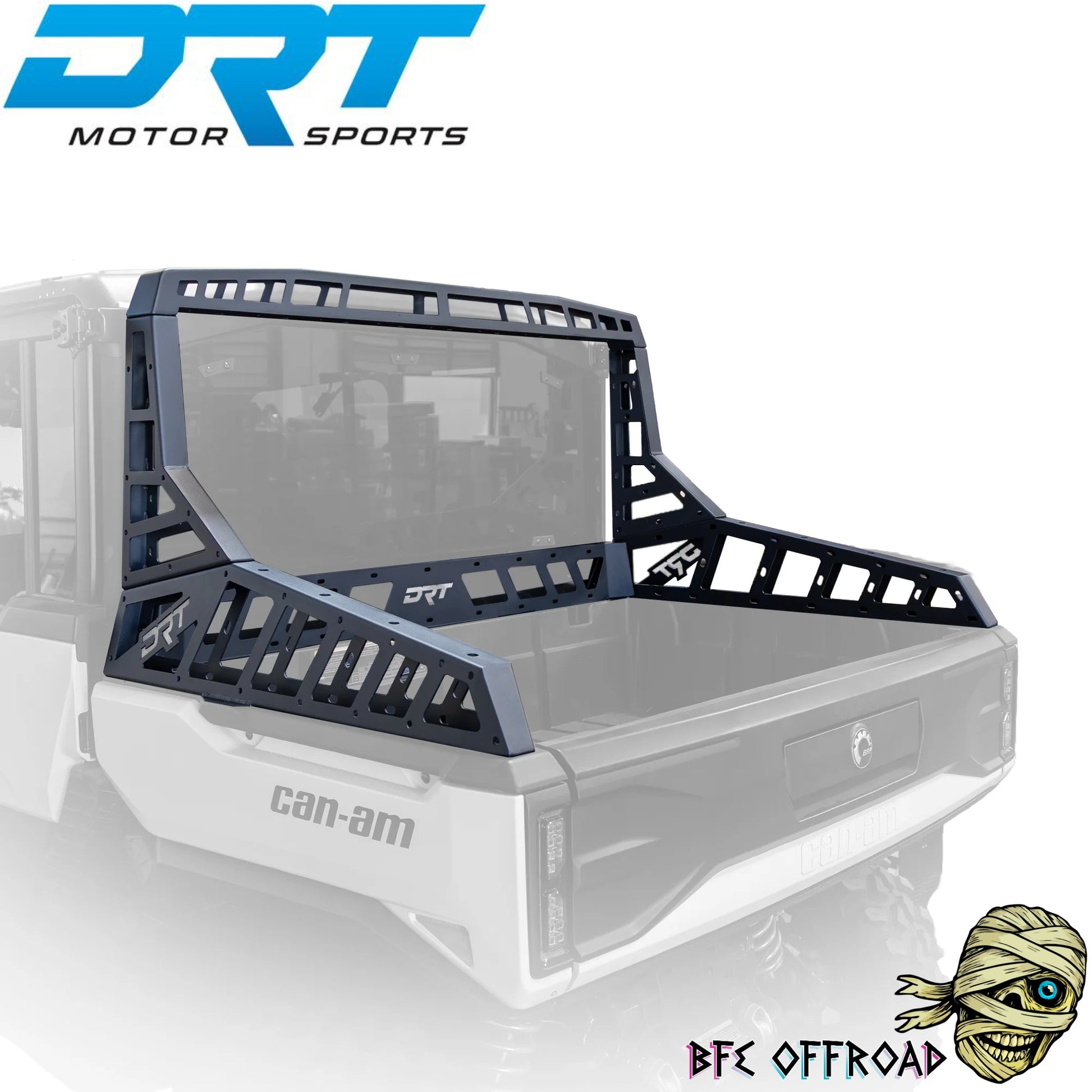 Rear Rack on UTV with blurred background and 'DRT' and 'BFE OFFROAD' Logos