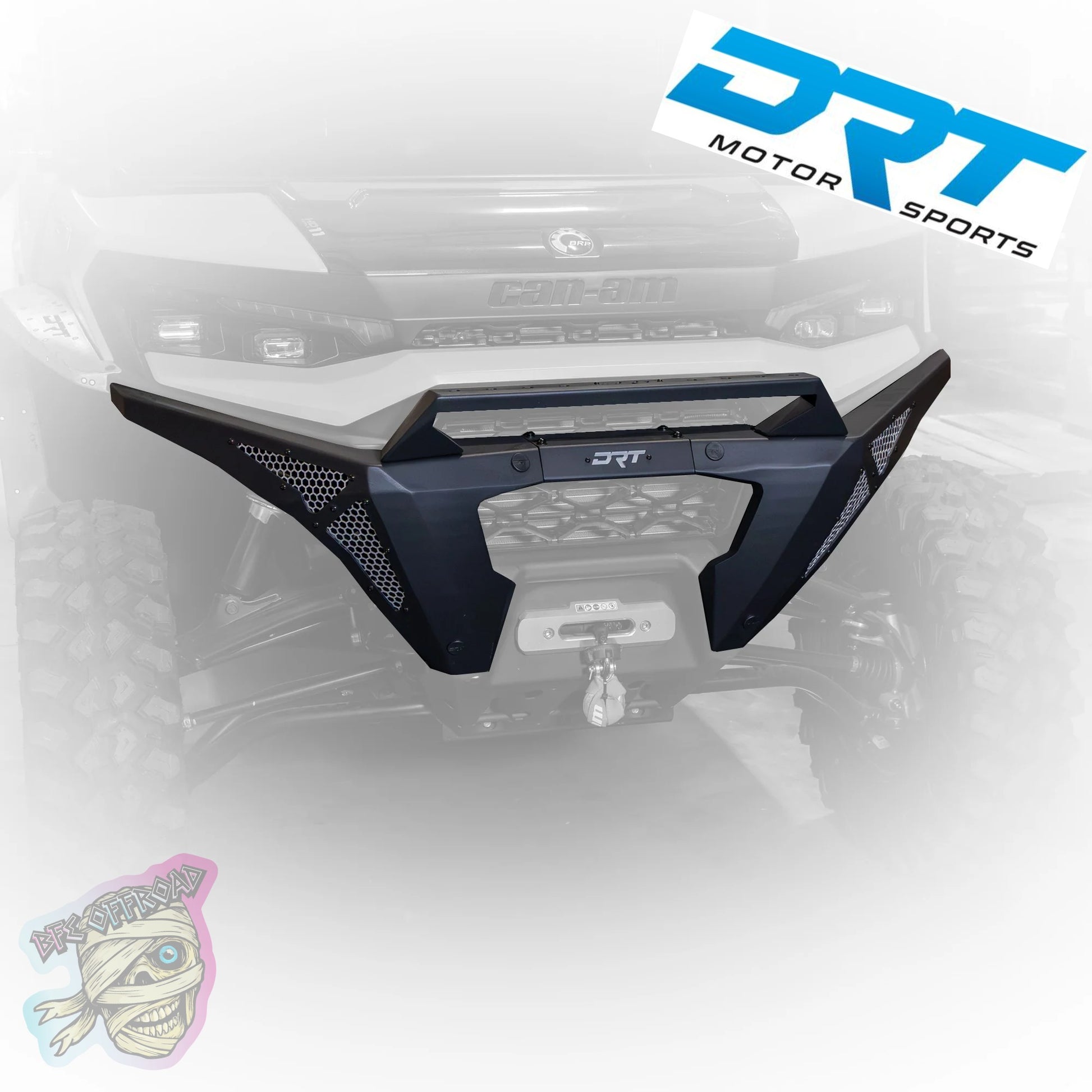 A black DRT Motor Sports front bumper guard mounted on a vehicle, shown against a faded white background with the DRT logo in the top right and a small skull graphic in the bottom left.