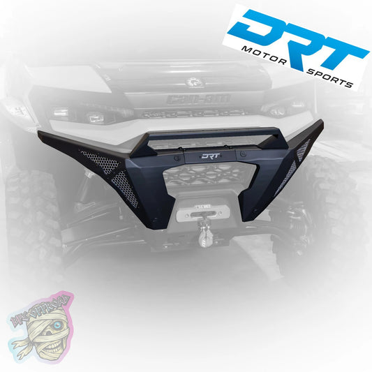 A black DRT Motor Sports front bumper guard mounted on a vehicle, shown against a faded white background with the DRT logo in the top right and a small skull graphic in the bottom left.