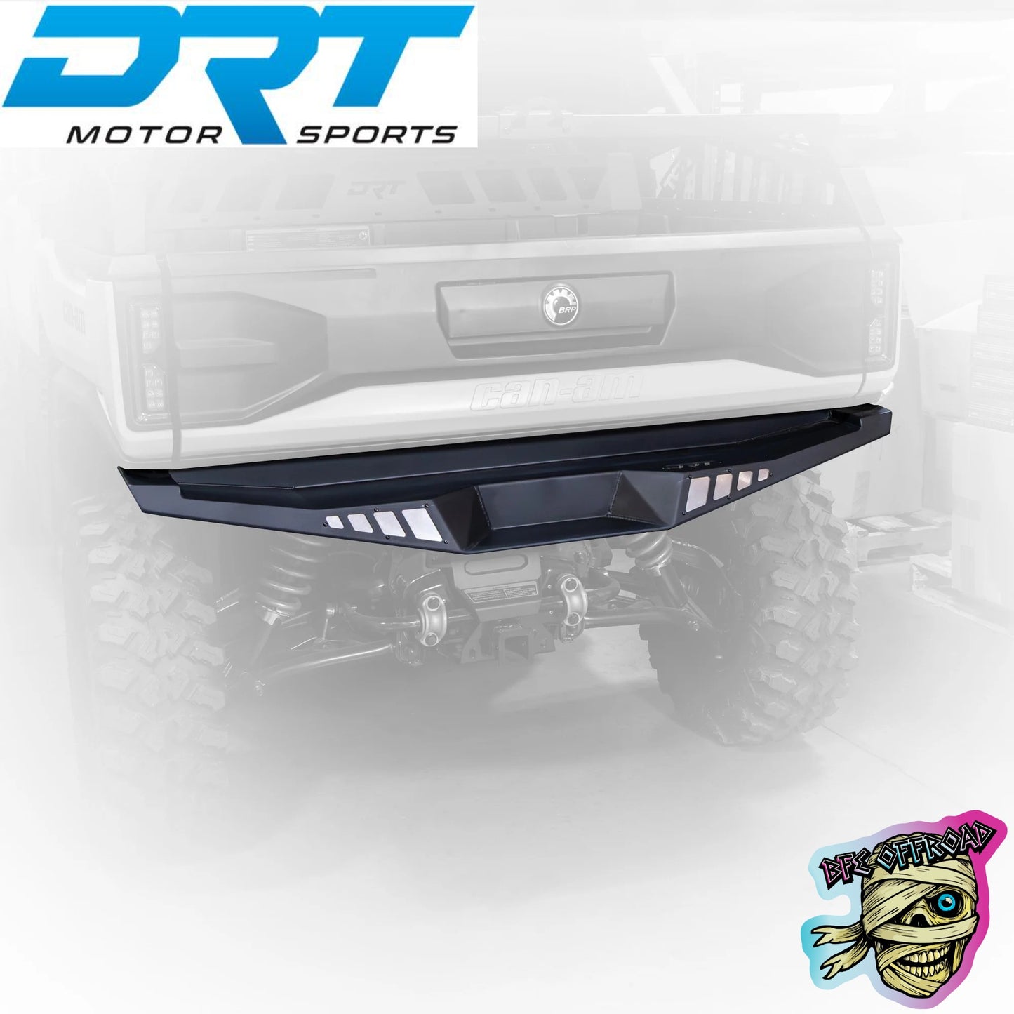 A black metal UTV rear bumper lip guard shown mounted in front of a faded white UTV rear bumper, with DRT Motor Sports branding at the top left and a BFE Offroad logo at the bottom right.