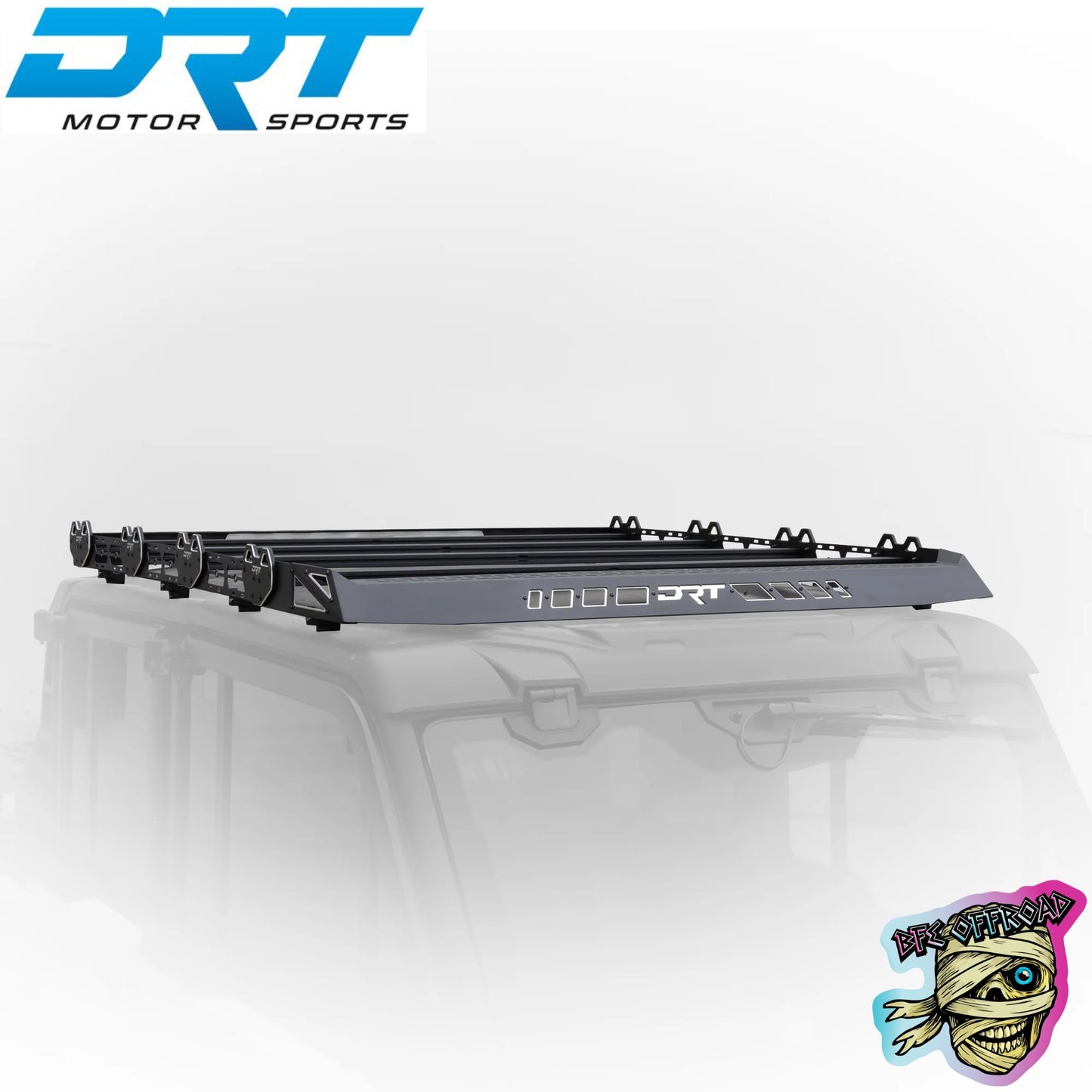 A black DRT Rack roof rack system mounted on a vehicle, shown against a white background with DRT Motor Sports branding.