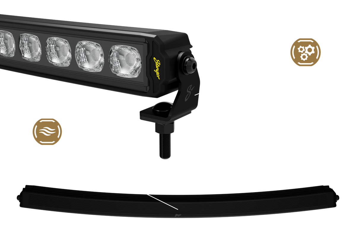 Stinger LED light bar with mounting bracket and gear and airflow icons